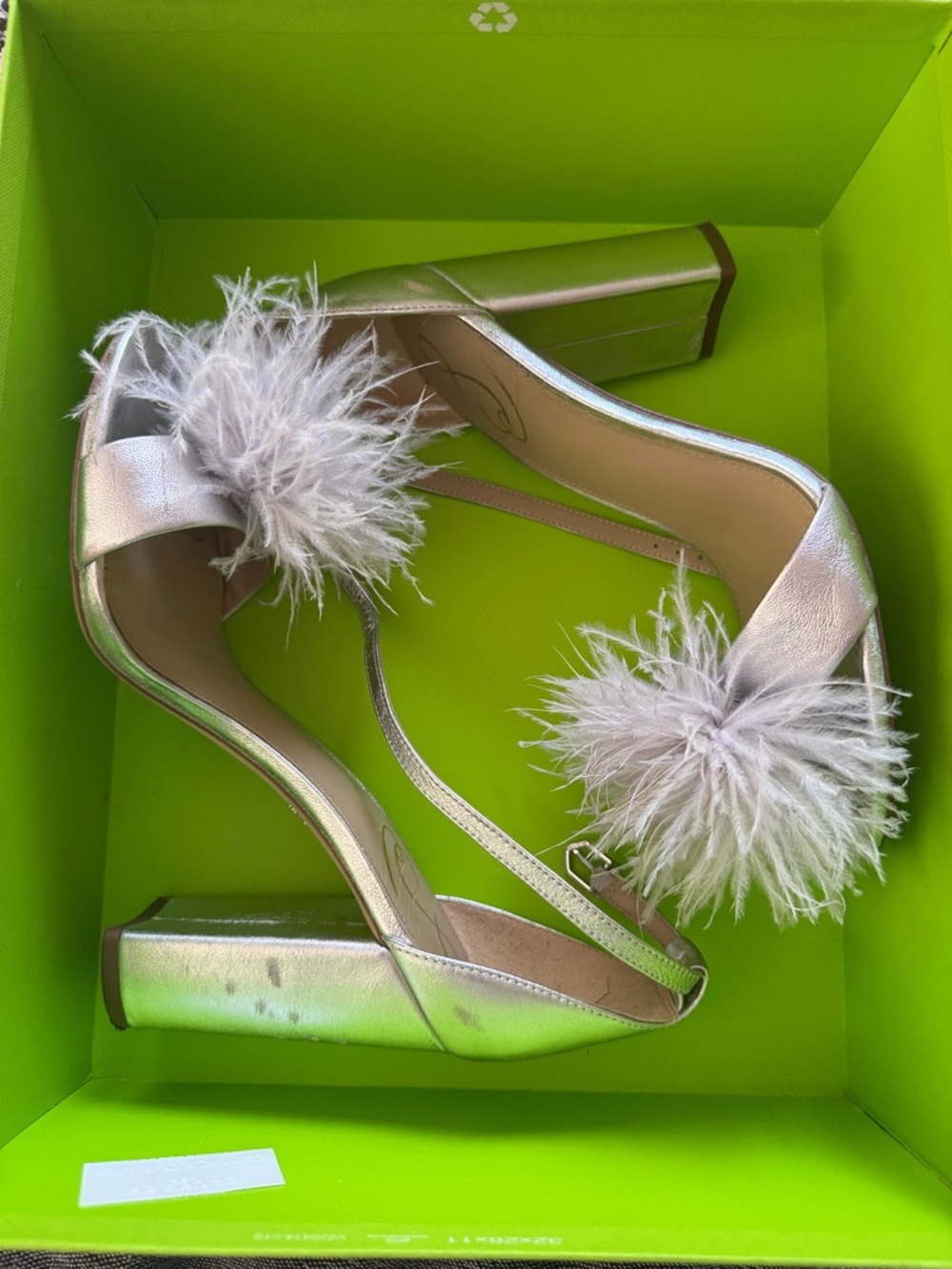Sam Edelman Yaro Feather Block Heel Ankle Strap Sandals Soft Silver Size 9